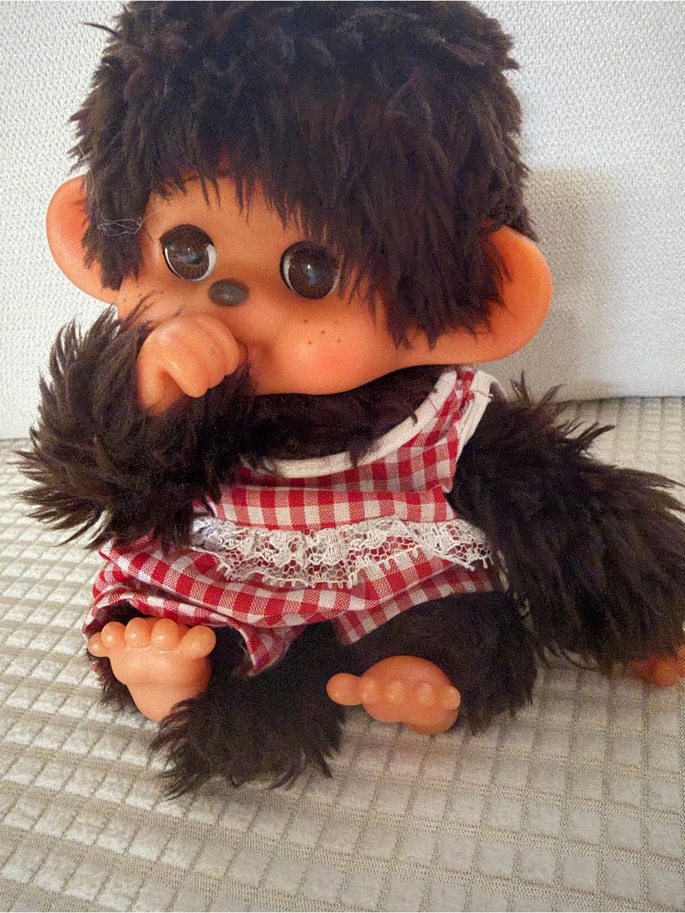Monchhichi Style Brown Plush Doll in Red Gingham Dress